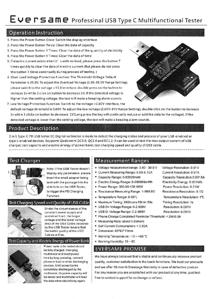 Eversame USB C Multifunctional Tester